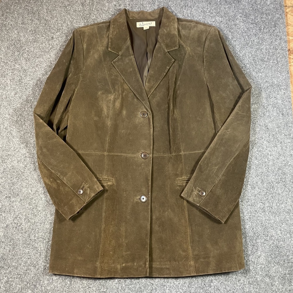 Vintage Suede Leather Jacket Womens XLarge Olive Mossy Green Mid Length Coat